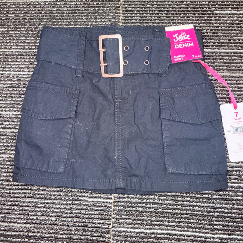 Justice Cargo Skort Girls 7 Slim New Black Belted Utility Denim Skirt